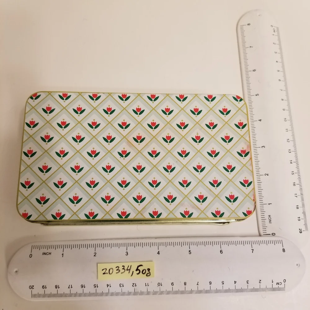 Charming Decorative Red/Green Tulip Floral Pattern Tin Box Easter, Christmas!
